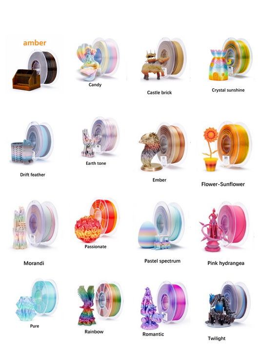 Collection of colorful 3D printing filament spools with labels on a white background